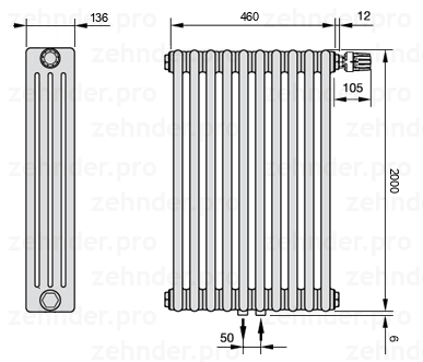 Схема (чертеж) Радиатор Zehnder Charleston 4200/10 №V008 Белый глянцевый RAL 9016